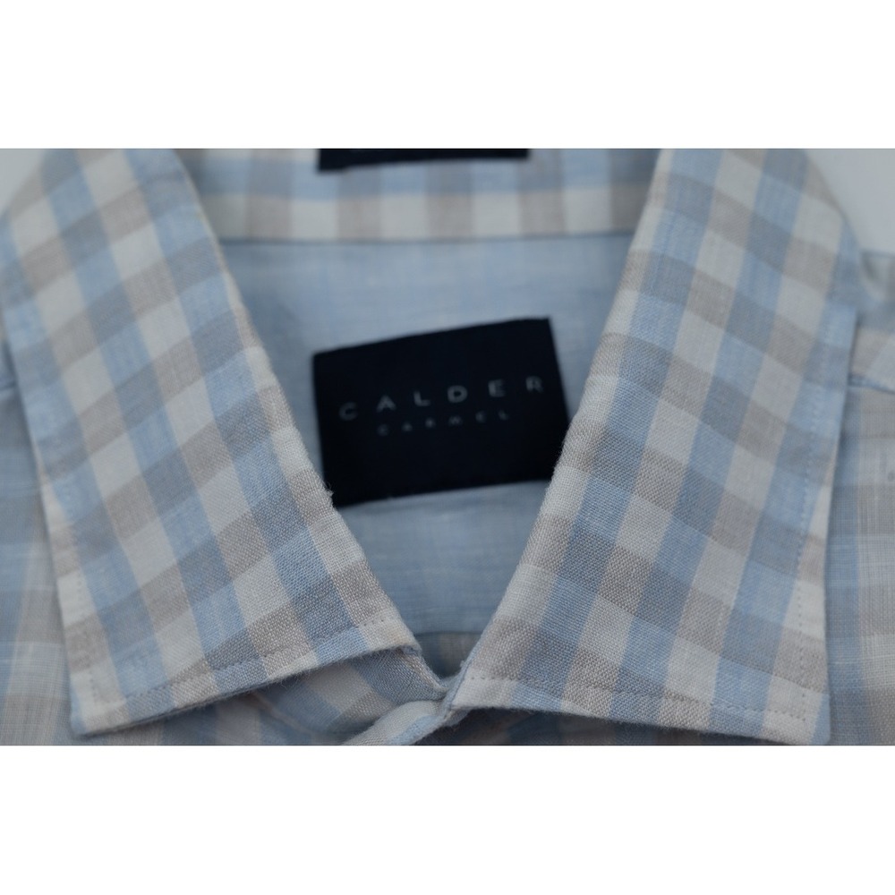 Calder Carmel Mens XL Blue Grey Gingham 100% Linen Button Down Shirt Ltd Ed 1/35